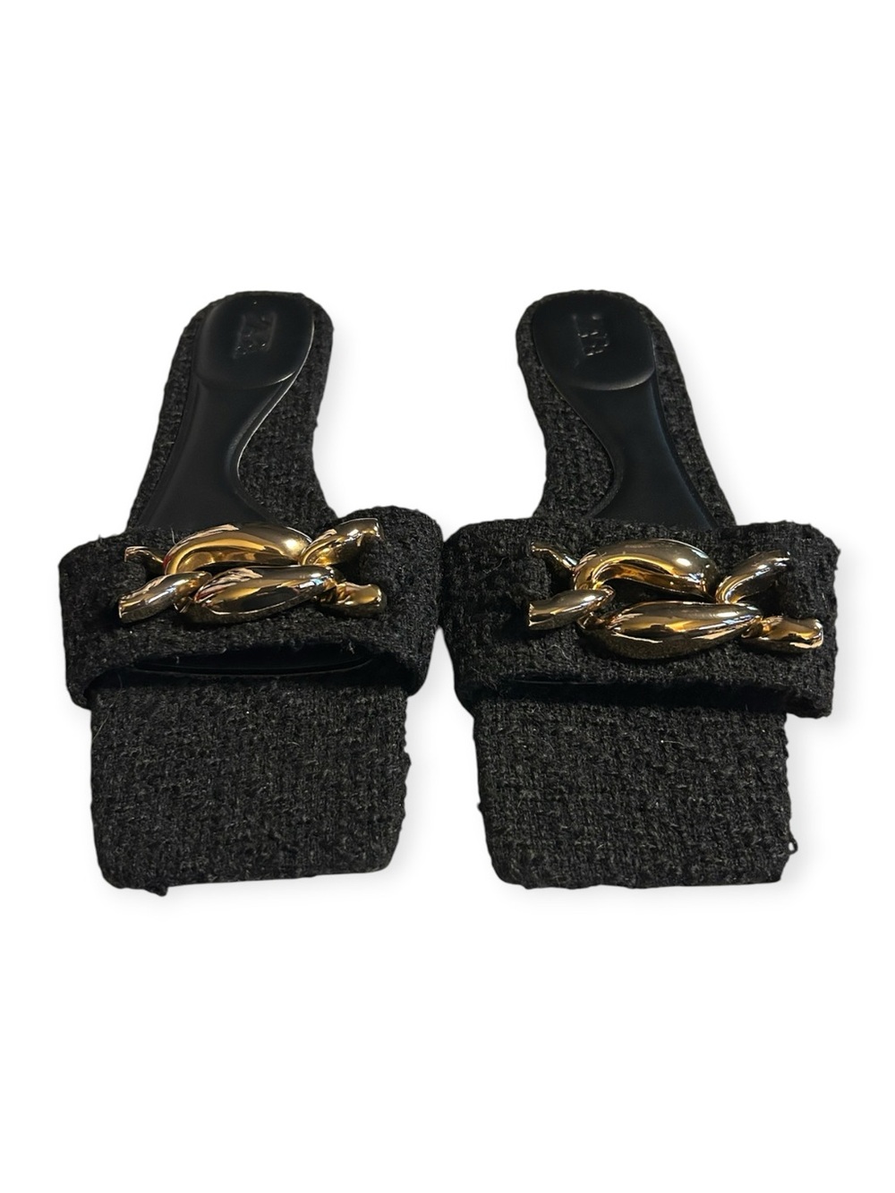 Zara Black Tweed Chunky Gold Chain Flat Slides Sandals Size 9 - Picture 4 of 7